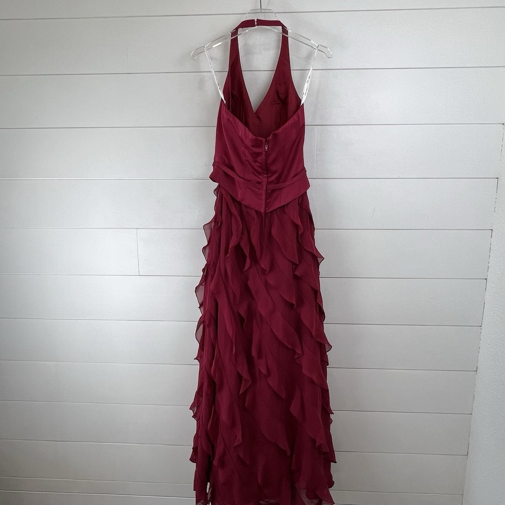 Mon Cheri EVENINGS 6 Halter Ruffle Chiffon Satin Maxi Dress Gown‎ Garnet Formal - Picture 6 of 12